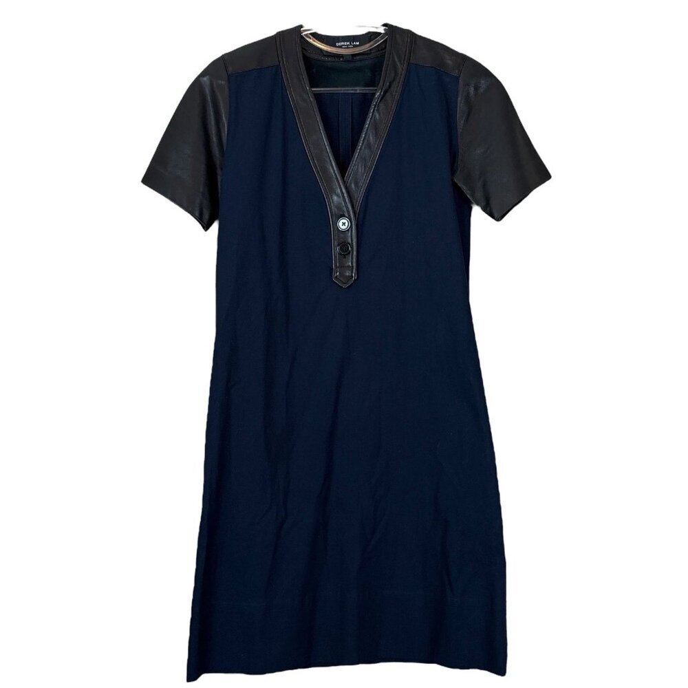 Derek Lam NY Lambskin Leather Buttoned Cocktail Dress Navy Blue Black Size 0